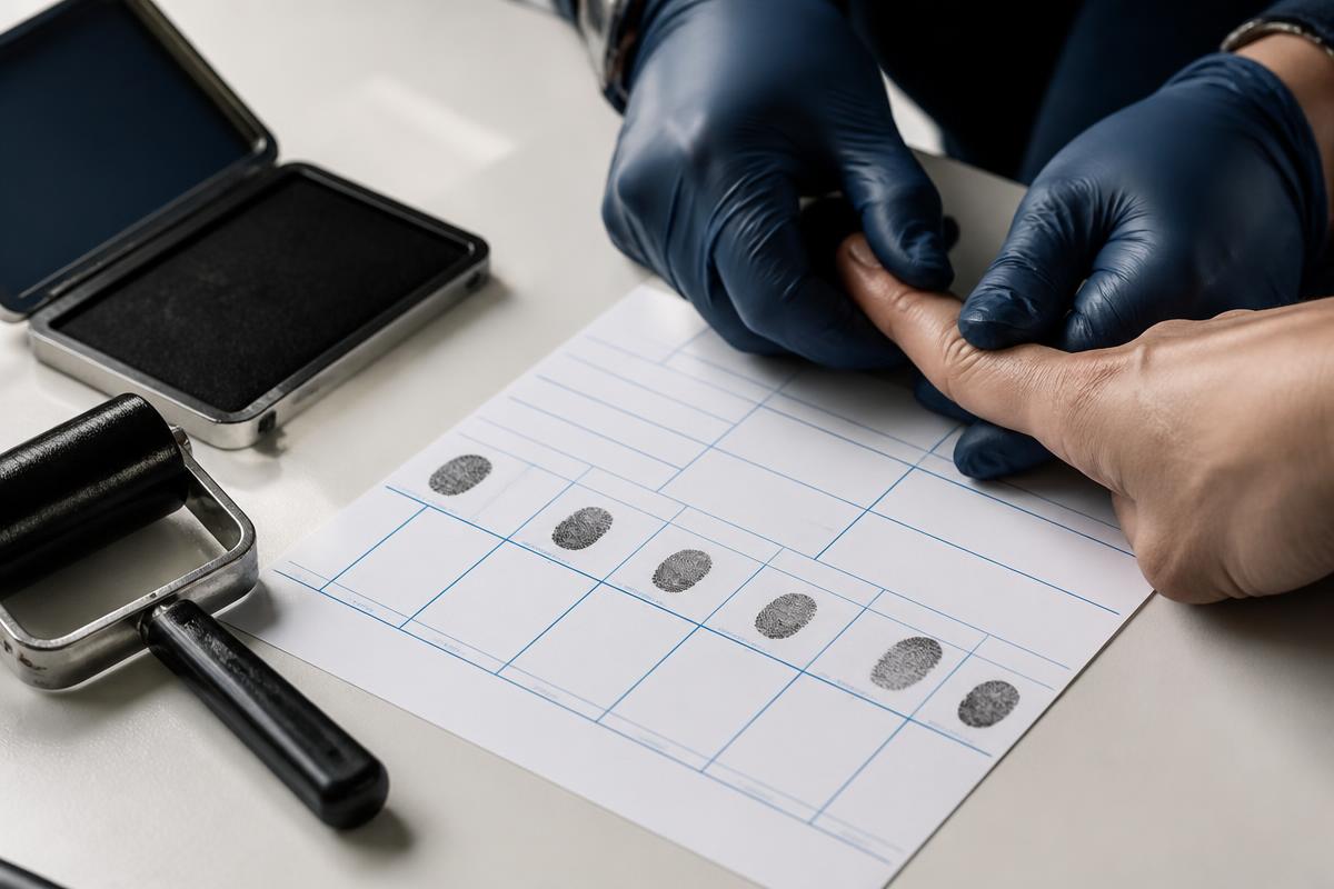 Fingerprint card being rolled with ink during a mobile fingerprinting appointment