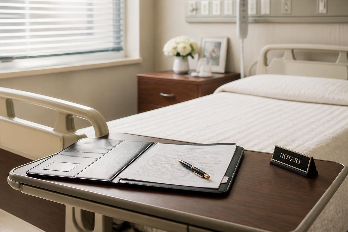 Notary document portfolio on a tray table in a hospital room