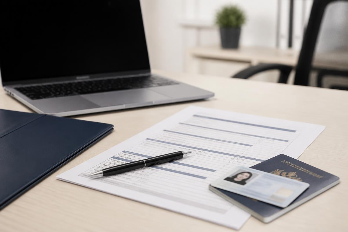 Employment verification form with an ID card and passport on an office desk
