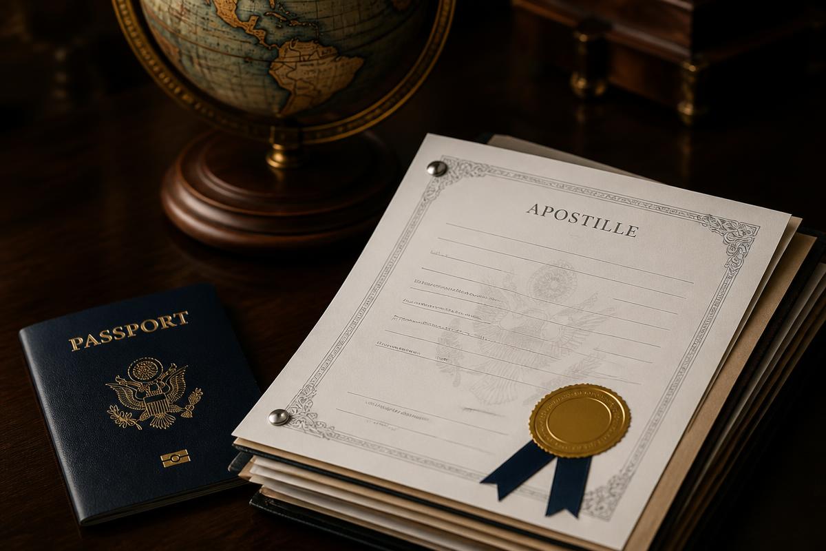 Apostille certificate with gold seal beside a US passport and globe