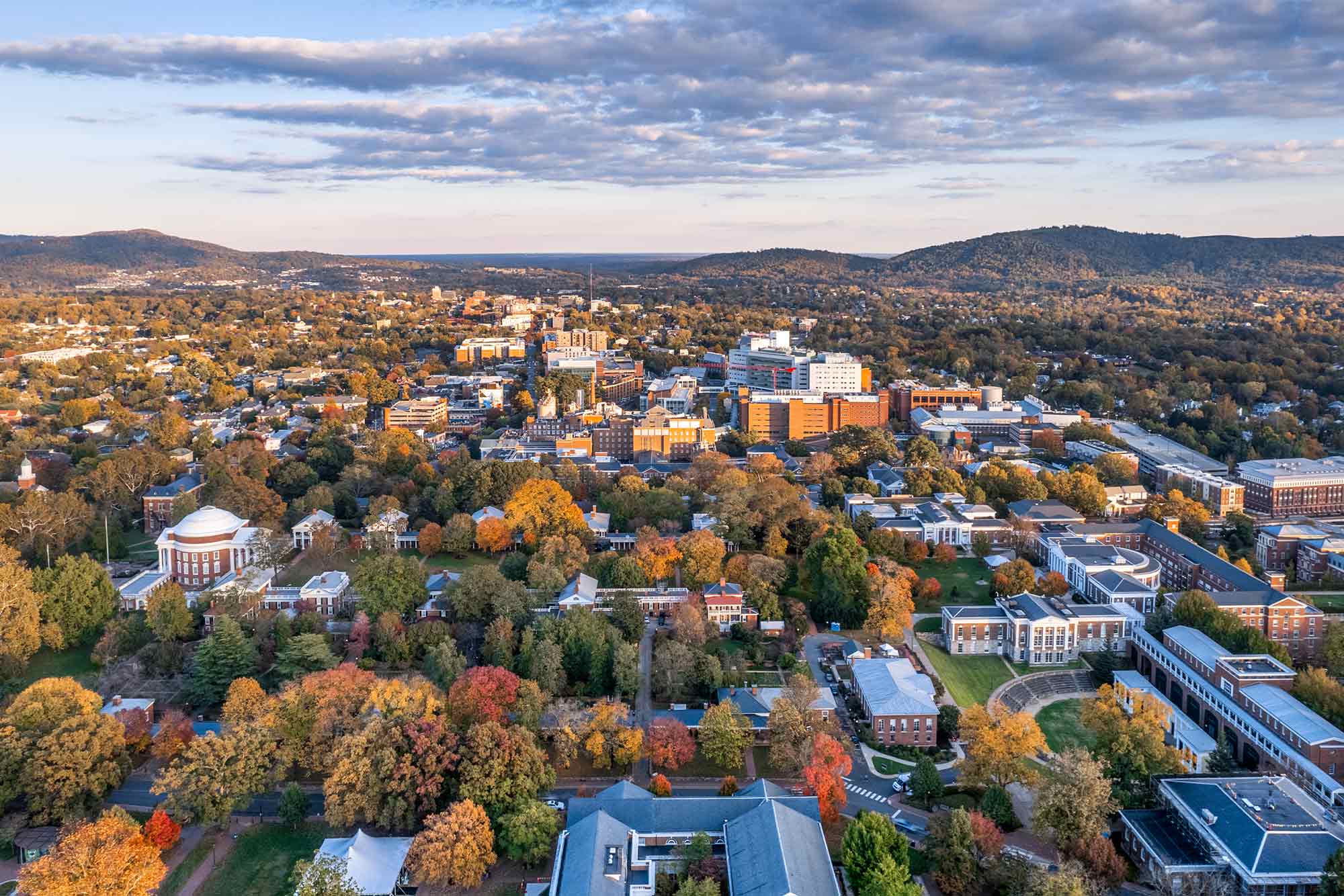 Aerial view of Charlottesville and the UVA area in autumn