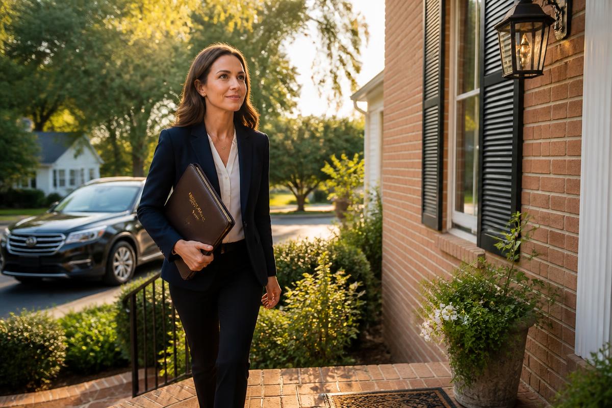 Mobile notary in a navy blazer walking up to a client's front porch