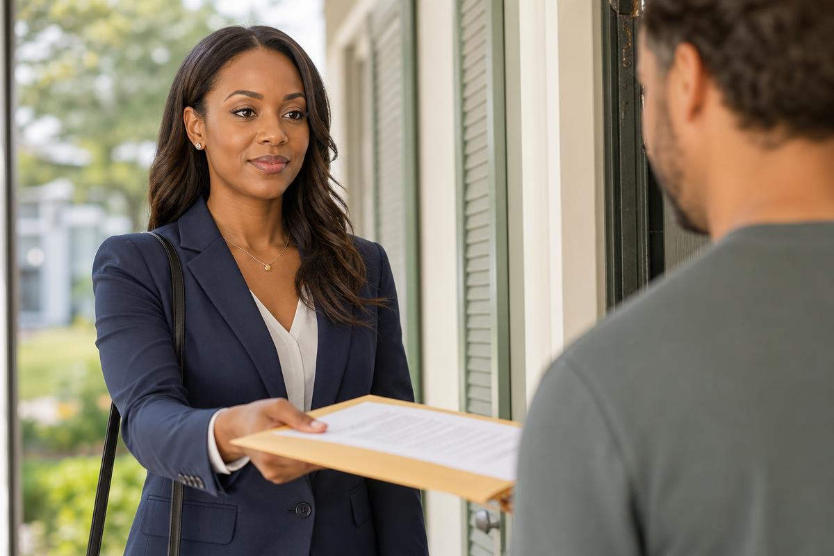 Professional process server handing legal documents to a recipient at a front door